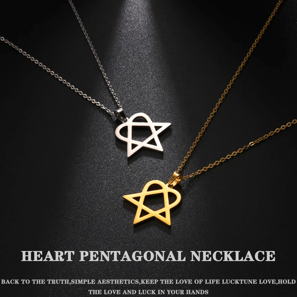 Lucktune Heartagram Star Pendant Necklace Stainless Steel Heart Pentagonal Chain Necklace Women Couple Jewelry Wedding Gift