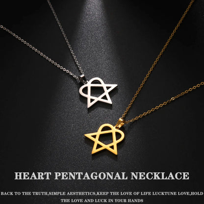 Lucktune Heartagram Star Pendant Necklace Stainless Steel Heart Pentagonal Chain Necklace Women Couple Jewelry Wedding Gift