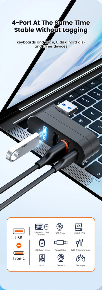 Elough Mini 180° Rotatable 4 Ports USB 3.0 2.0 Hub Type C High Speed Data Transfer U Disk Splitter Adapter For Laptop MacBook PC