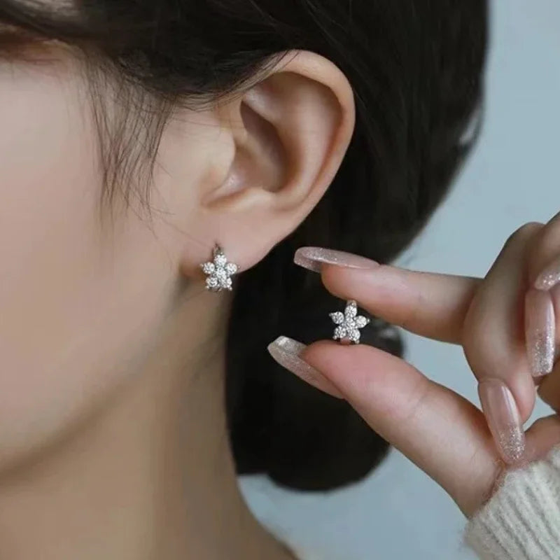 S925 Sterling Silver Charming Snowflake Pentagram Zircon Hoop Earrings for Women Fine Jewelry High Luxury Vintage Accessories