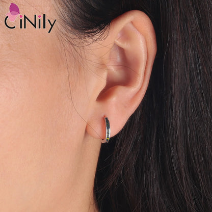 CiNily Simple Small Round Opal Hoop Earrings for Women 925 Sterling Silver Dainty Huggie Earrings Tiny Ear Jewelry Gifts 12mm