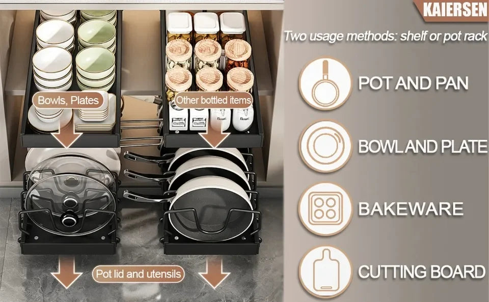 Kitchen Pull Out Pot Rack Adjustable Cupboard Trays with Slide Rails for Dishes Storage Organizer Drawer Partition Shelf
