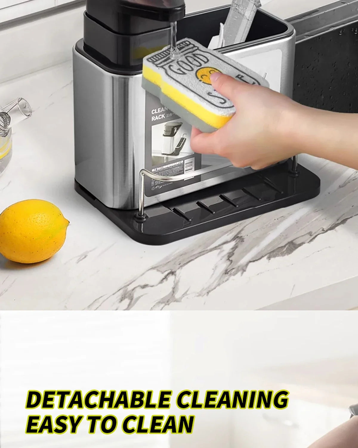 Stainless Steel Kitchen Cleaning Organizer Detergent Dispenser & Sponge Holder Easy to Clean Compact size Fits the sink 3-in-1