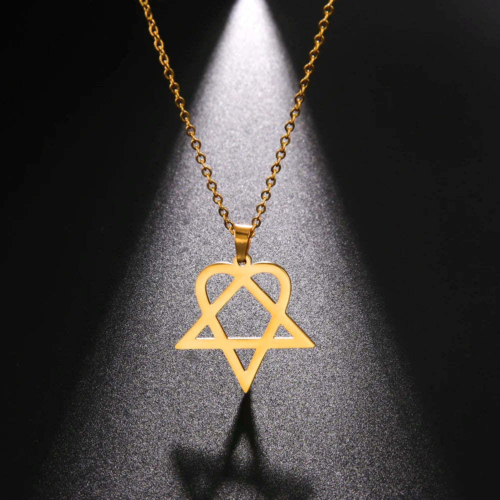 Lucktune Heartagram Star Pendant Necklace Stainless Steel Heart Pentagonal Chain Necklace Women Couple Jewelry Wedding Gift
