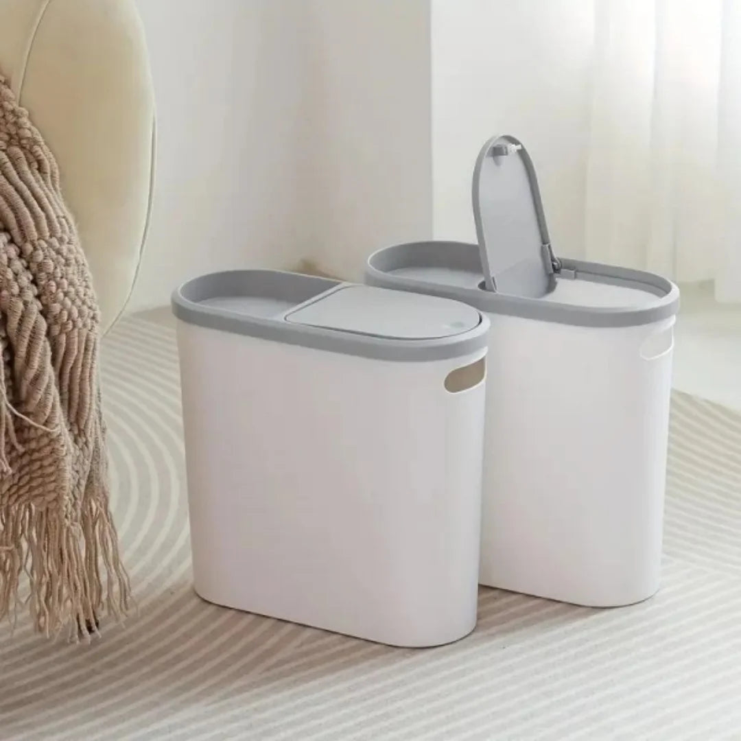 Fashionable white grey bathroom trash can with lid and handle - large capacity, press to open design, suitable for use in small