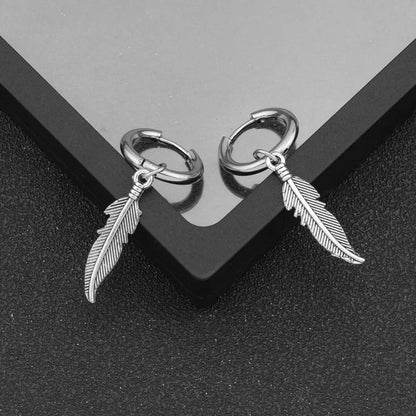 Vintage Feather Earring Korean Jewelry No Fade Stainless Steel Round Hoops Ear Piercing Earrings For Women Men Hip Hop Pendiente