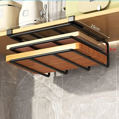 Kitchen Hanging Organizer Rack with Hooks Under Cupboard Paper Towel Rags Hanger Cutting Board Pot Cover Holder Storage Shelf