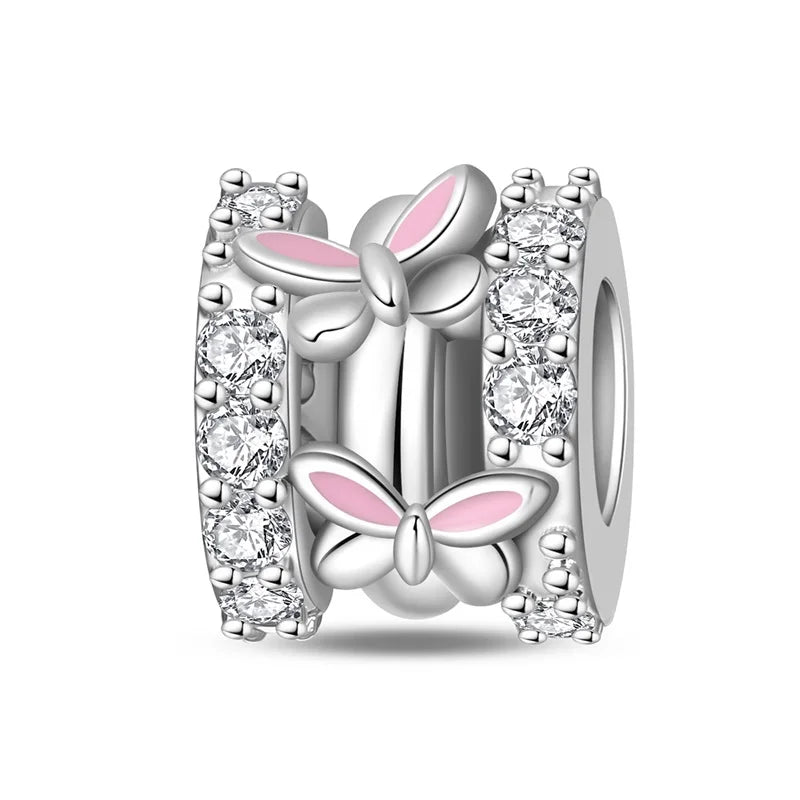 925 Sterling Silver Pink Charms Beads Butterfly Perfume Bottle Crown Heart Shaped Zircon Charms for Women Fine DIY Jewelry Gifts