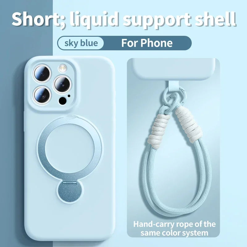 Liquid Silicone Bracket Magnetic Case For iPhone 17 16 15 14 13 Pro Max Air Magsafe With Hanging Rope Anti Fall Protective Cover