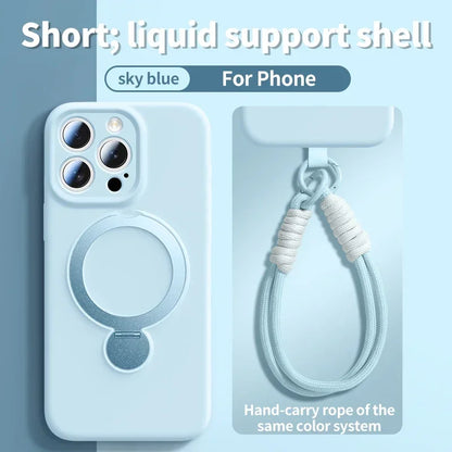 Liquid Silicone Bracket Magnetic Case For iPhone 17 16 15 14 13 Pro Max Air Magsafe With Hanging Rope Anti Fall Protective Cover