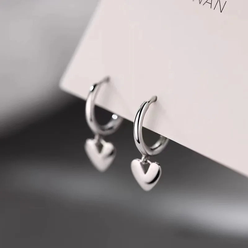 Real 925 Sterling Silver Heart Pendant Hoop Earrings For Women Classic Fine Jewelry Minimalist Accessories