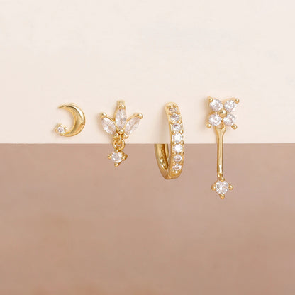 4PCS Zircon Star Moon Flower Small Hoop Earrings Set For Women Stainless Steel Huggies Pendant Piercing Earrings Jewelry Aretes