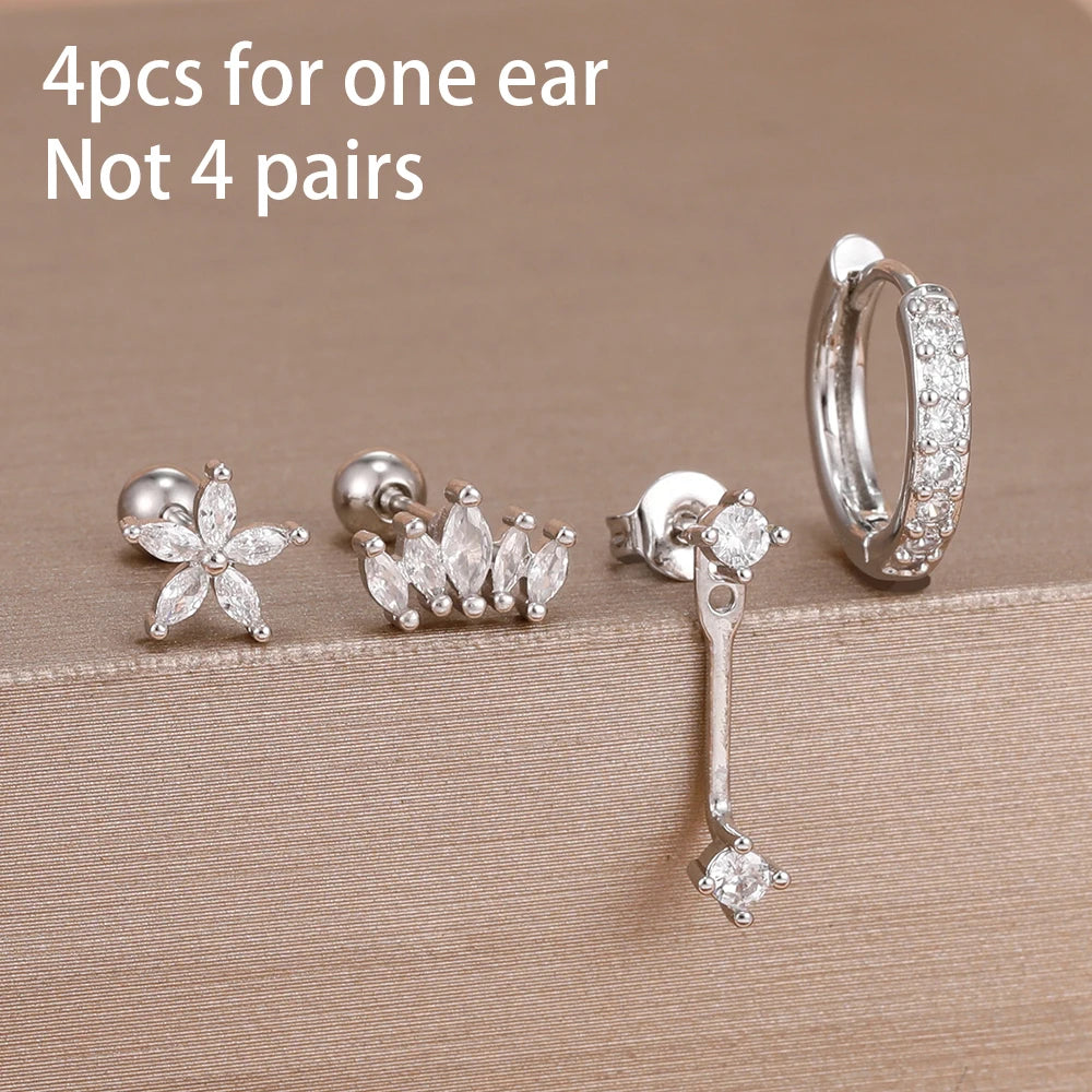 4PCS Zircon Star Moon Flower Small Hoop Earrings Set For Women Stainless Steel Huggies Pendant Piercing Earrings Jewelry Aretes