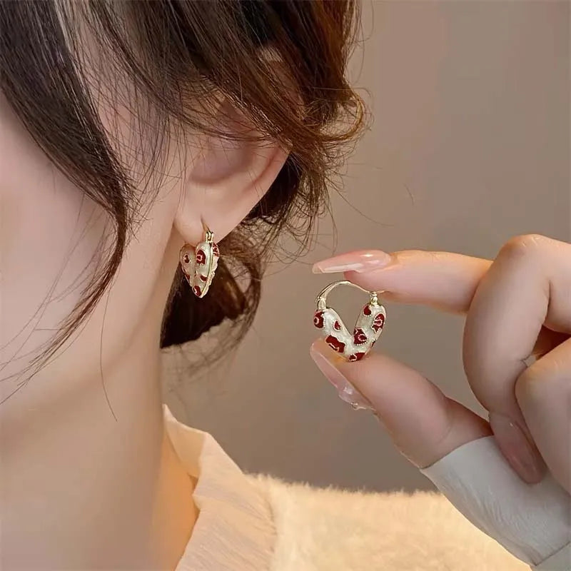 2026 Trendy Red Dripping Oil Heart Hoop Earrings For Women Girls Korean Elegant Love Dangle Earring Jewelry Gift