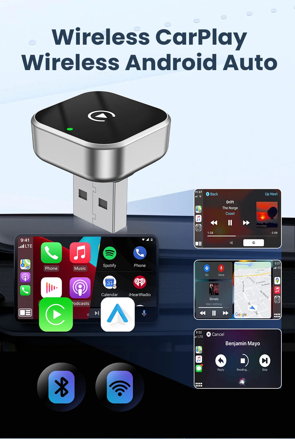 PLAYAIBOX Wireless 2IN1 CarPlay Android Auto Wireless Supermini Box Adapter Plug And Play Dongle Bluetooth WiFi Fast Connect