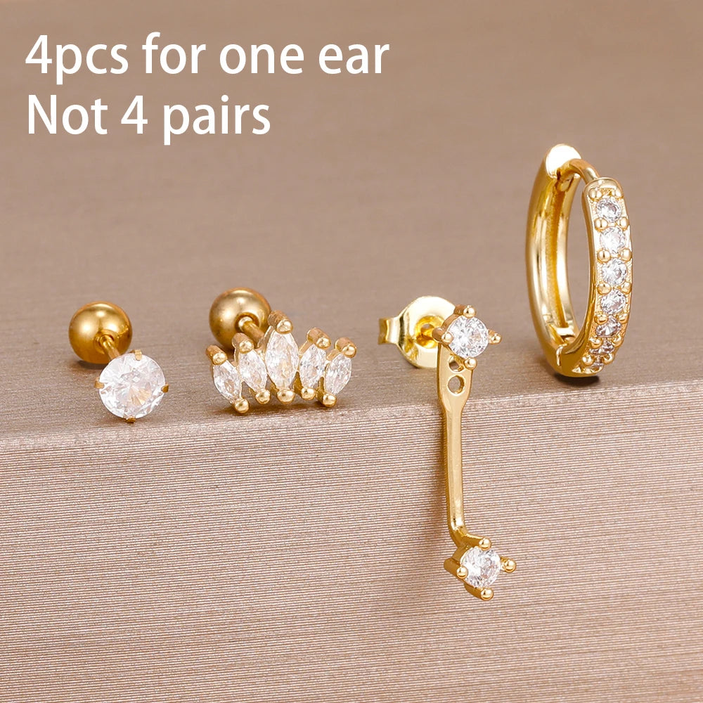 4PCS Zircon Star Moon Flower Small Hoop Earrings Set For Women Stainless Steel Huggies Pendant Piercing Earrings Jewelry Aretes