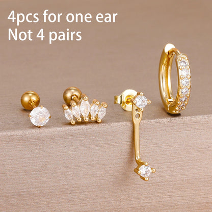 4PCS Zircon Star Moon Flower Small Hoop Earrings Set For Women Stainless Steel Huggies Pendant Piercing Earrings Jewelry Aretes