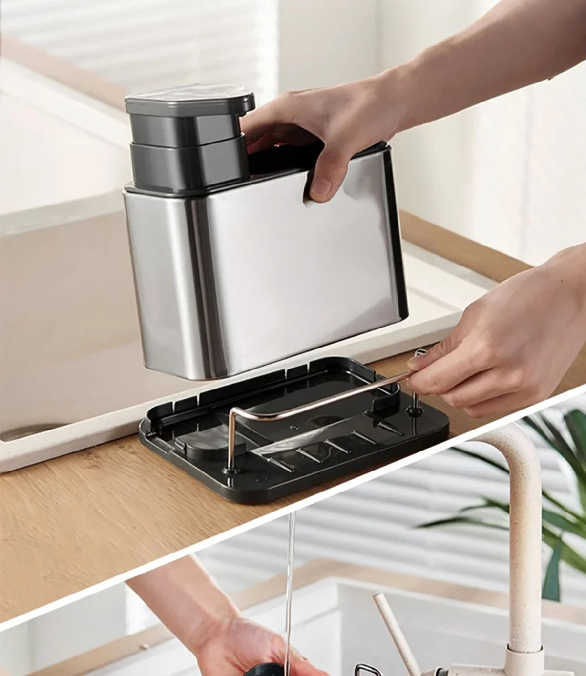 Stainless Steel Kitchen Cleaning Organizer Detergent Dispenser & Sponge Holder Easy to Clean Compact size Fits the sink 3-in-1