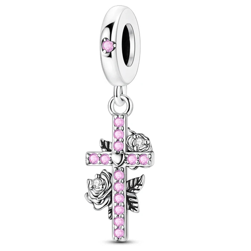 925 Sterling Silver Pink Charms Beads Butterfly Perfume Bottle Crown Heart Shaped Zircon Charms for Women Fine DIY Jewelry Gifts