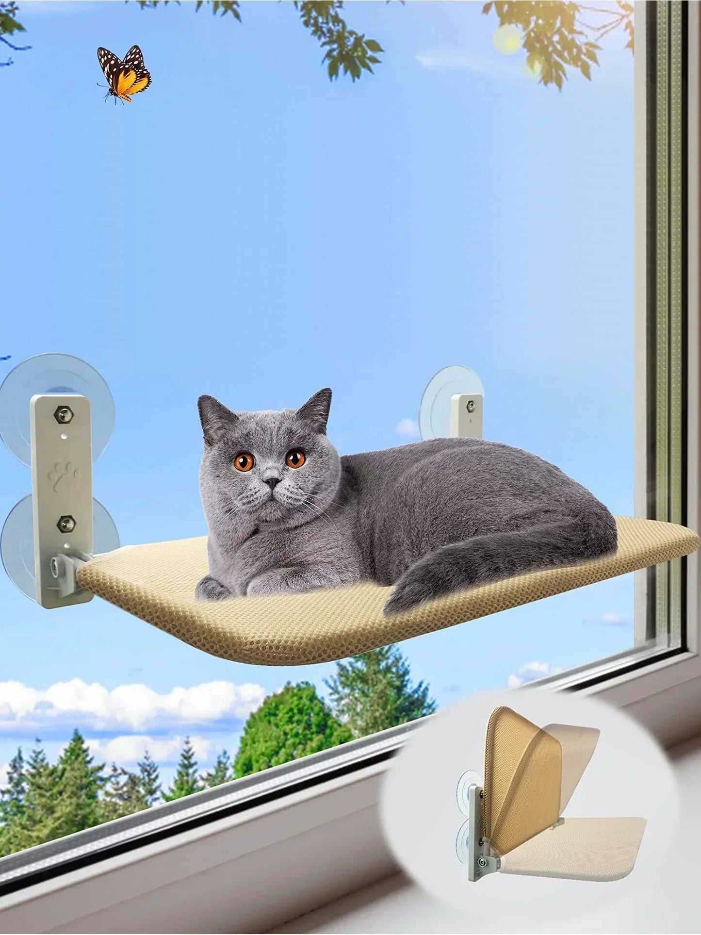Cordless Cat Hammock for Sunbathing Hanging Cat Bed Summer Suction Cup Glass Mounted Foldable Breathable Cat Bed Frame Supplies