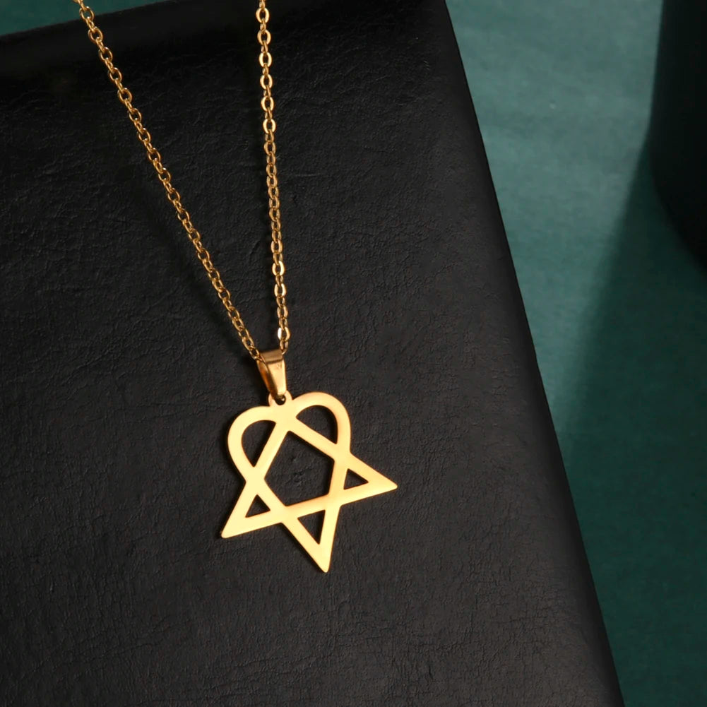 Lucktune Heartagram Star Pendant Necklace Stainless Steel Heart Pentagonal Chain Necklace Women Couple Jewelry Wedding Gift