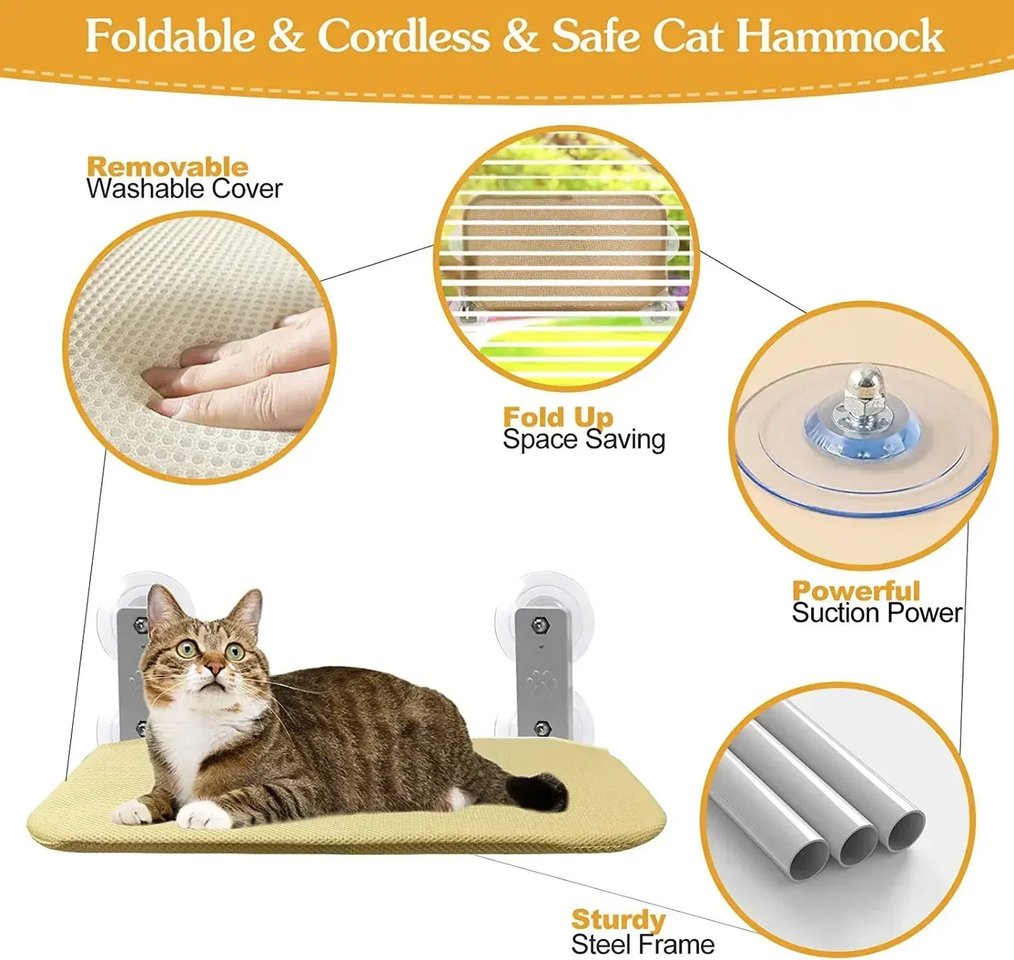 Cordless Cat Hammock for Sunbathing Hanging Cat Bed Summer Suction Cup Glass Mounted Foldable Breathable Cat Bed Frame Supplies