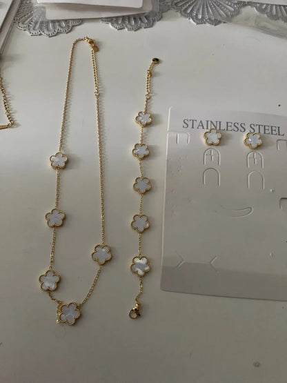 LUXUKISSKIDS Fashion Flower Necklace Earrings Set Jewelry Women Stainless Steel White Shell Clover Bracelet Jewelry Accessories