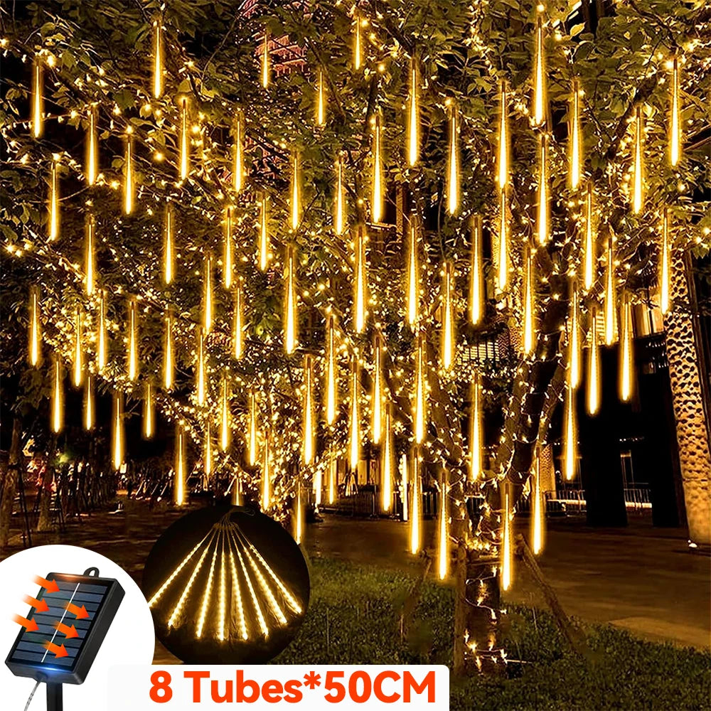 LED Solar Meteor Shower Lights 50cm 8 Tubes Waterfall Tree Lights Outdoor Garden Decorations Easy to Install
