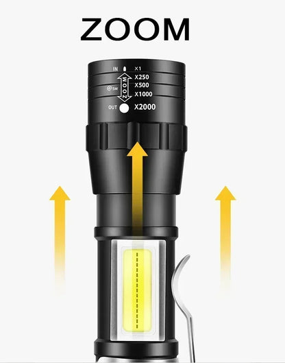Portable Rechargeable LED Flashlight with Pen Clip Zoomable Waterproof Torch with Side Light Outdoor Camping Emergency Lantern