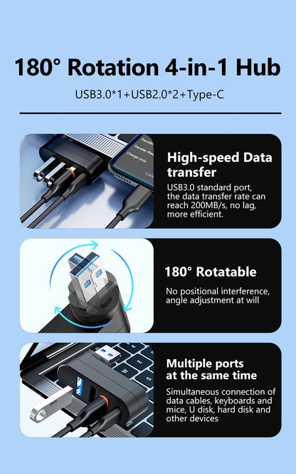 Elough Mini 180° Rotatable 4 Ports USB 3.0 2.0 Hub Type C High Speed Data Transfer U Disk Splitter Adapter For Laptop MacBook PC
