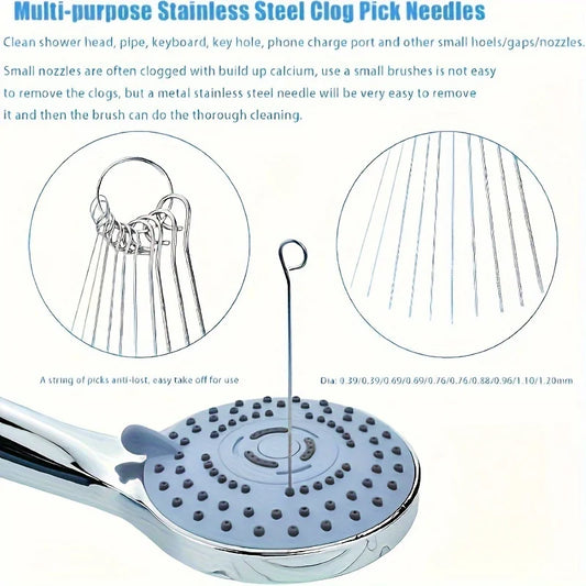 10 Stainless Steel Needle Shower Head Cleaning Brush Set, Suitable for Multi Size Shower Heads,bathroom Accessory Cleaning Tools