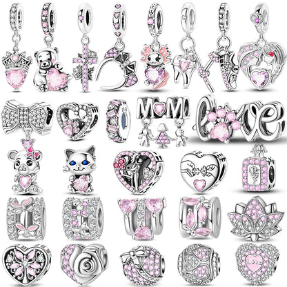 925 Sterling Silver Pink Charms Beads Butterfly Perfume Bottle Crown Heart Shaped Zircon Charms for Women Fine DIY Jewelry Gifts