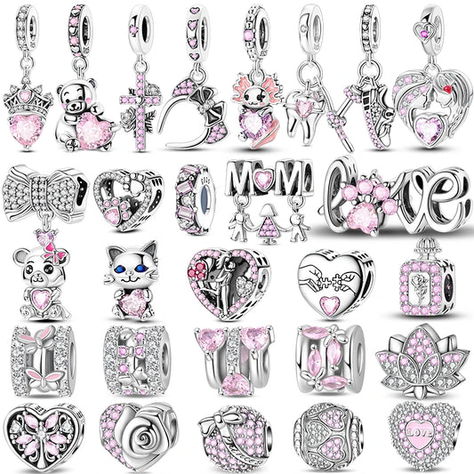 925 Sterling Silver Pink Charms Beads Butterfly Perfume Bottle Crown Heart Shaped Zircon Charms for Women Fine DIY Jewelry Gifts