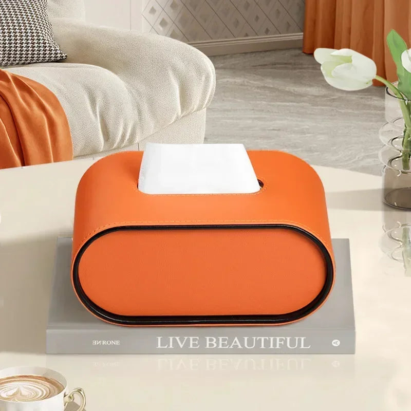 Light Luxury Paper Box High-end Living Room Creative Oval Leather Tissue Box Bedroom Desktop Napkin Storage Box Organization