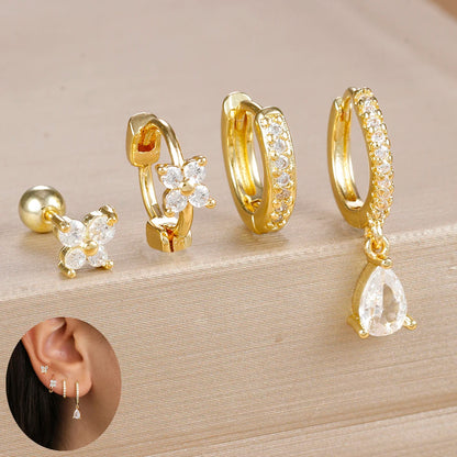 4PCS Zircon Star Moon Flower Small Hoop Earrings Set For Women Stainless Steel Huggies Pendant Piercing Earrings Jewelry Aretes