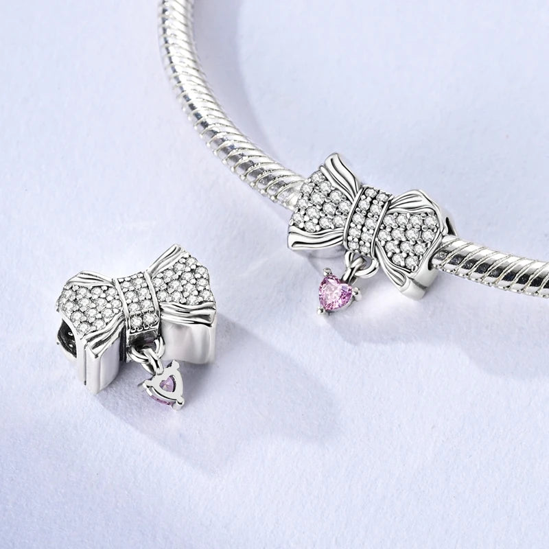 925 Sterling Silver Pink Charms Beads Butterfly Perfume Bottle Crown Heart Shaped Zircon Charms for Women Fine DIY Jewelry Gifts