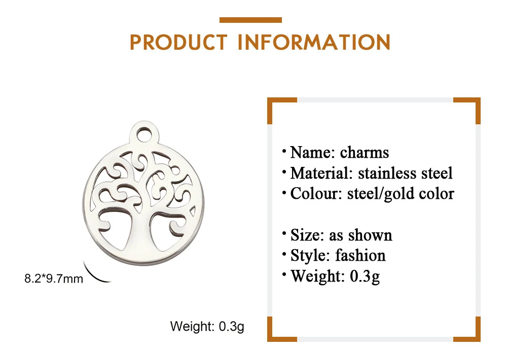 5pcs Stainless Steel Tree of Life Charms for Jewelry Making Moon Cross Butterfly Snake Pendant Tiny Charm Bracelet Earrings DIY