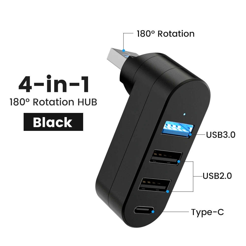 Elough Mini 180° Rotatable 4 Ports USB 3.0 2.0 Hub Type C High Speed Data Transfer U Disk Splitter Adapter For Laptop MacBook PC