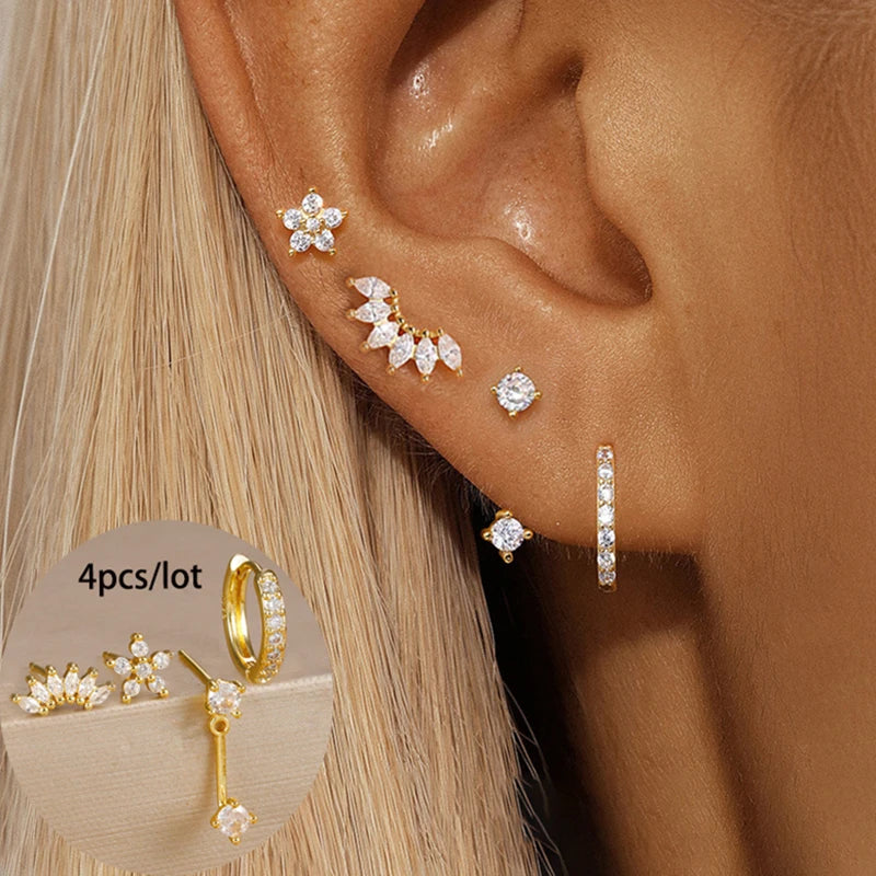 4PCS Zircon Star Moon Flower Small Hoop Earrings Set For Women Stainless Steel Huggies Pendant Piercing Earrings Jewelry Aretes