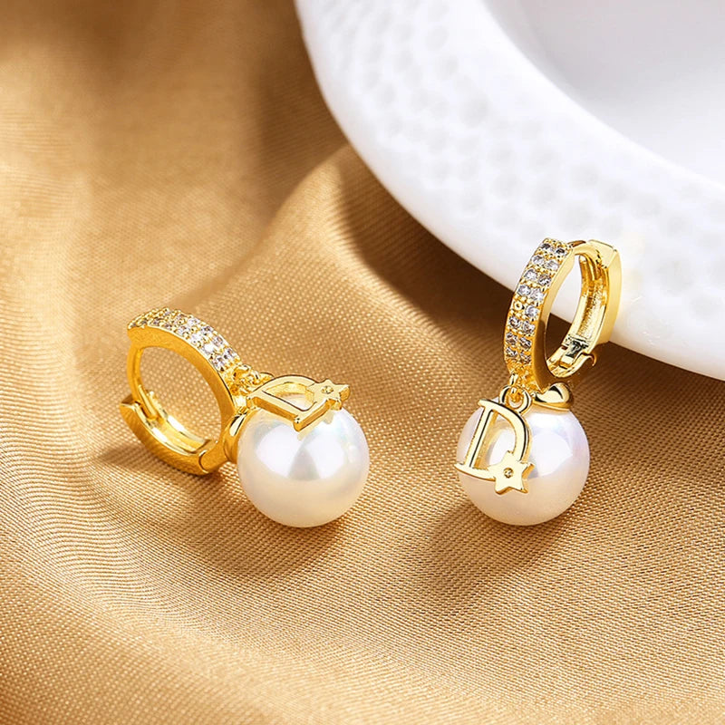 Korean Version Pearl High-end Feeling Light Luxury Trendy Temperament D-letter Atmospheric Earrings For Women Jewelry