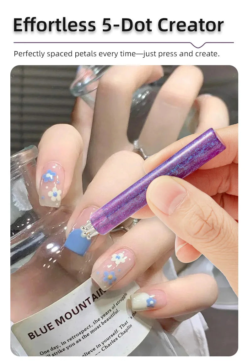 DIY Nail Art 5-Petal Dotting Tool Flower Creator 1.8mm Fine Tip Rhinestone Pickers Glitter Handle Manicure Nail Tools Brushes