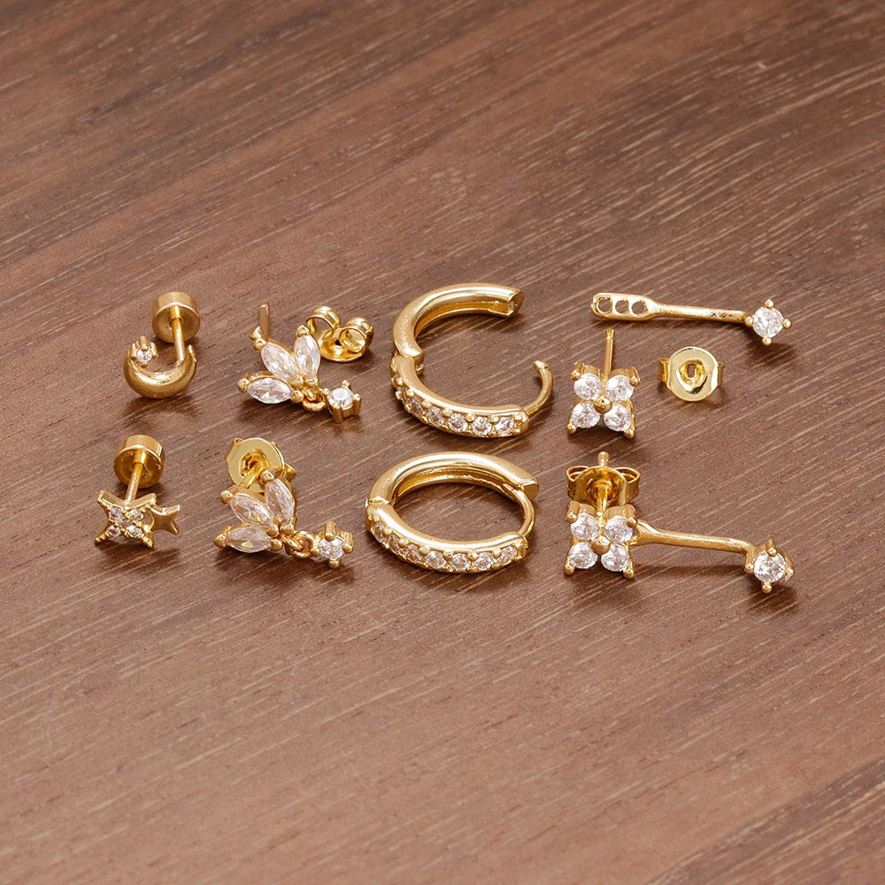 4PCS Zircon Star Moon Flower Small Hoop Earrings Set For Women Stainless Steel Huggies Pendant Piercing Earrings Jewelry Aretes