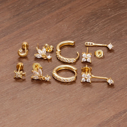 4PCS Zircon Star Moon Flower Small Hoop Earrings Set For Women Stainless Steel Huggies Pendant Piercing Earrings Jewelry Aretes