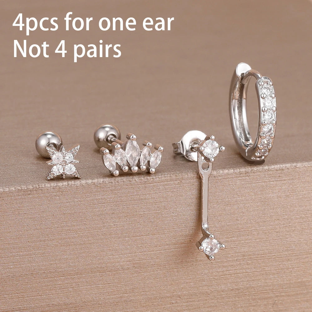 4PCS Zircon Star Moon Flower Small Hoop Earrings Set For Women Stainless Steel Huggies Pendant Piercing Earrings Jewelry Aretes