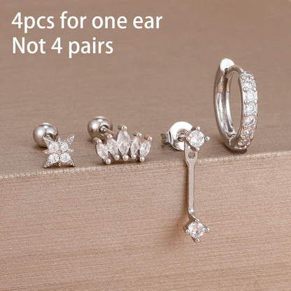 4PCS Zircon Star Moon Flower Small Hoop Earrings Set For Women Stainless Steel Huggies Pendant Piercing Earrings Jewelry Aretes