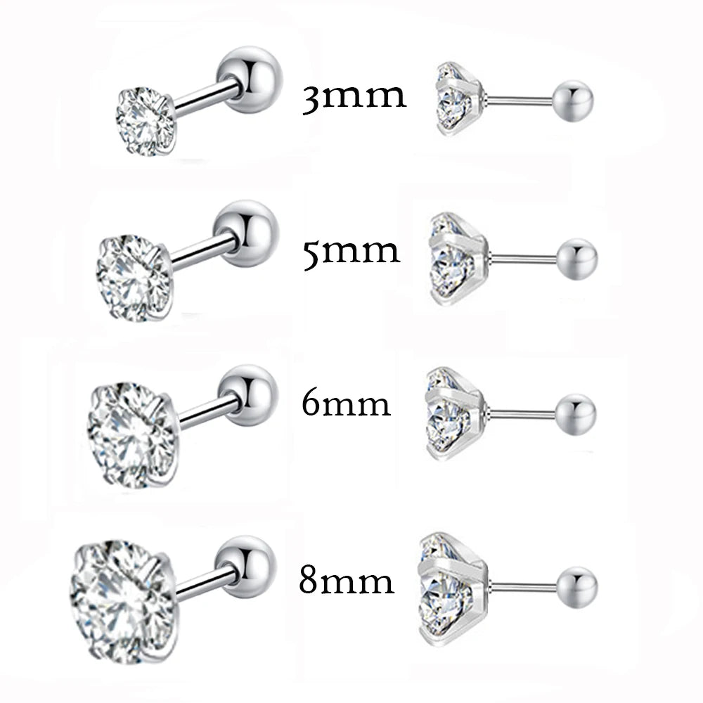 Fashion 1pair/2pcs Women Round Crystal Zirconia Stud Earrings New Surgical Steel Luxury Jewelry Clear Rhinestone Unisex Piercing