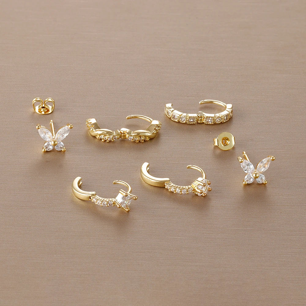 3PCS Gold Plated Zircon Butterfly Hoop Earring Set Women Shiny Crystal Stackable Cartilage Piercing Earring Hypoallergen Jewelry