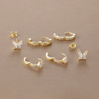 3PCS Gold Plated Zircon Butterfly Hoop Earring Set Women Shiny Crystal Stackable Cartilage Piercing Earring Hypoallergen Jewelry