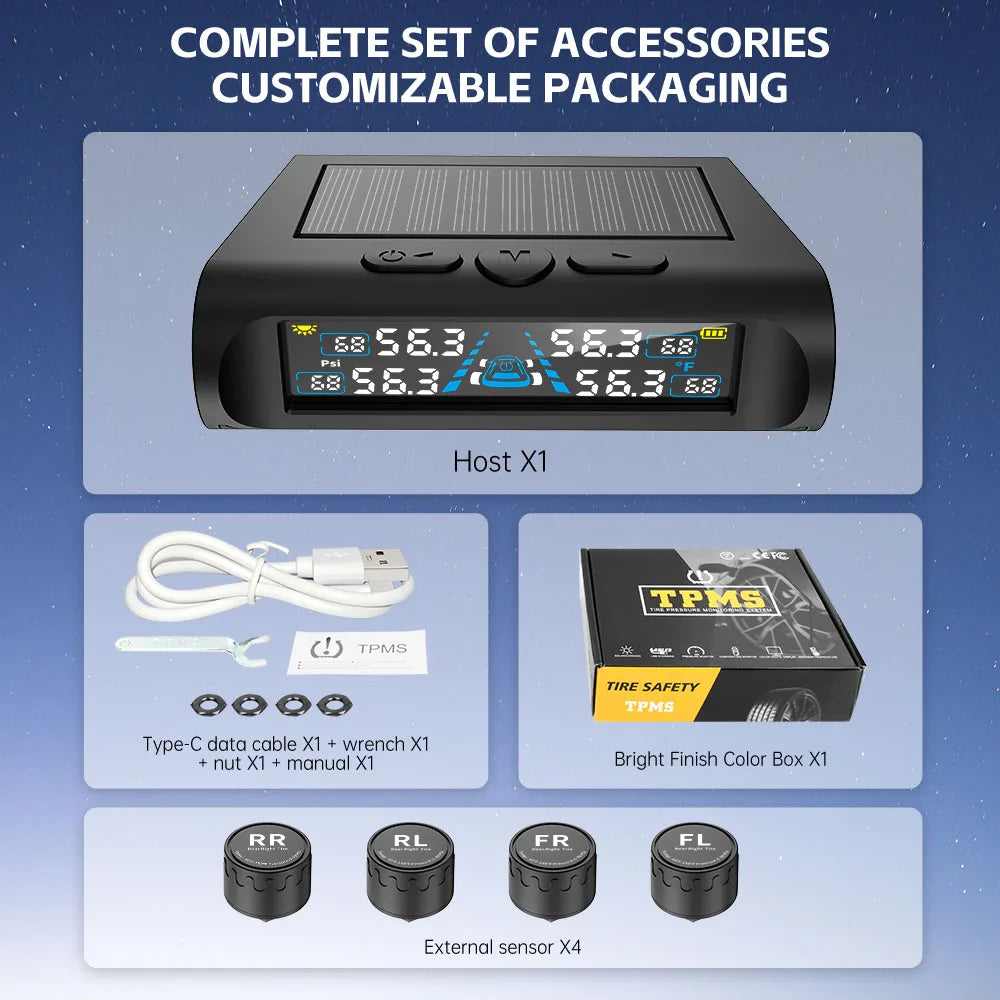 Car Security Alarm Systems Tire Pressure Monitoring Tyre Temperature Monitor Auto Accessories Solar TPMS Universal 4 Exteral