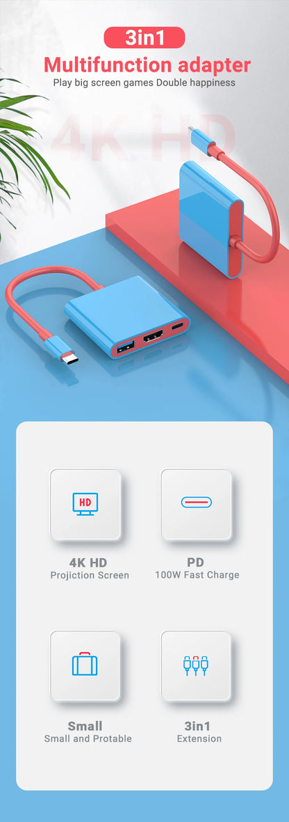 Portable Switch TV Dock 3 in 1 USB-C Game Hub with 4K HDMI,USB3.0(5Gbps) ,PD 100W Ports for Switch/OLED Mac Pro/Air